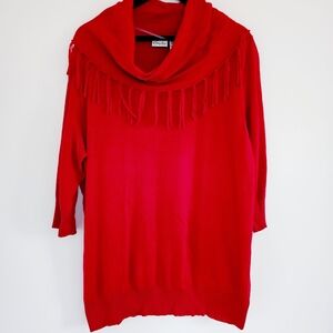 Kim Rogers Woman 3X Red Fringed Pullover Cowlneck Lightweight Knit Tunic Sweater